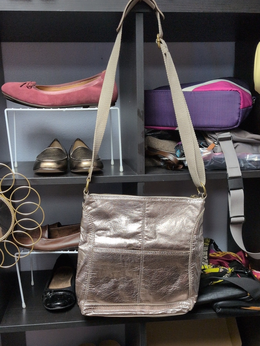 The Sak Metallic Rose Gold Crossbody with Canvas Strap
